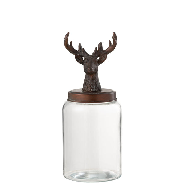 Large glass container with deer lid in bronze