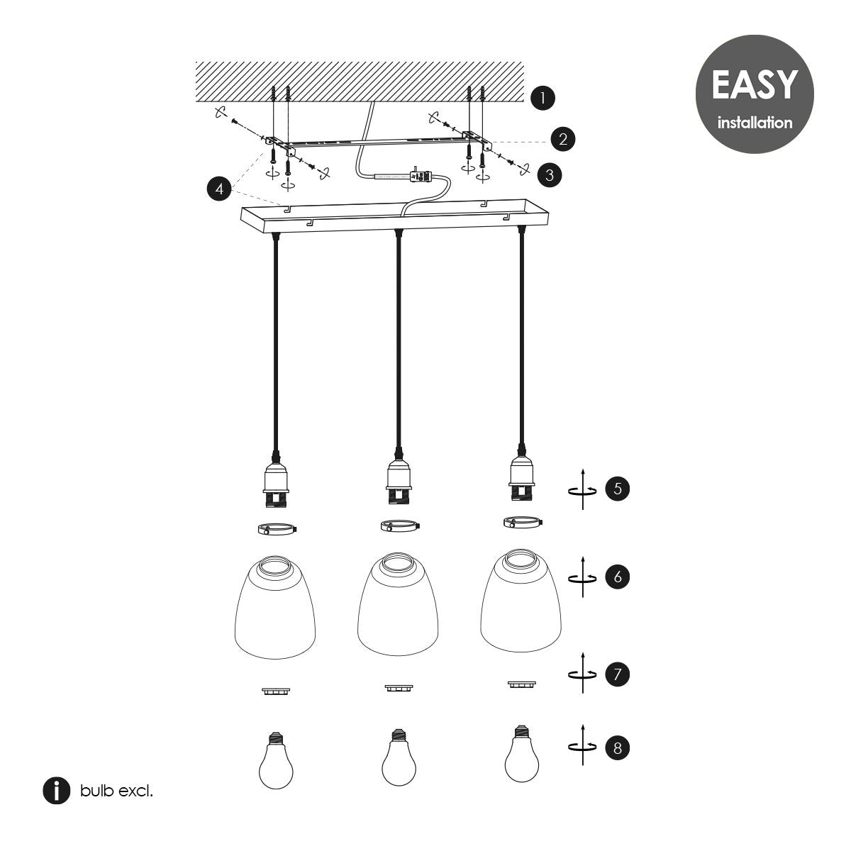 Industrial hanging lamp with 3 glass shades Ø65 x 128 cm