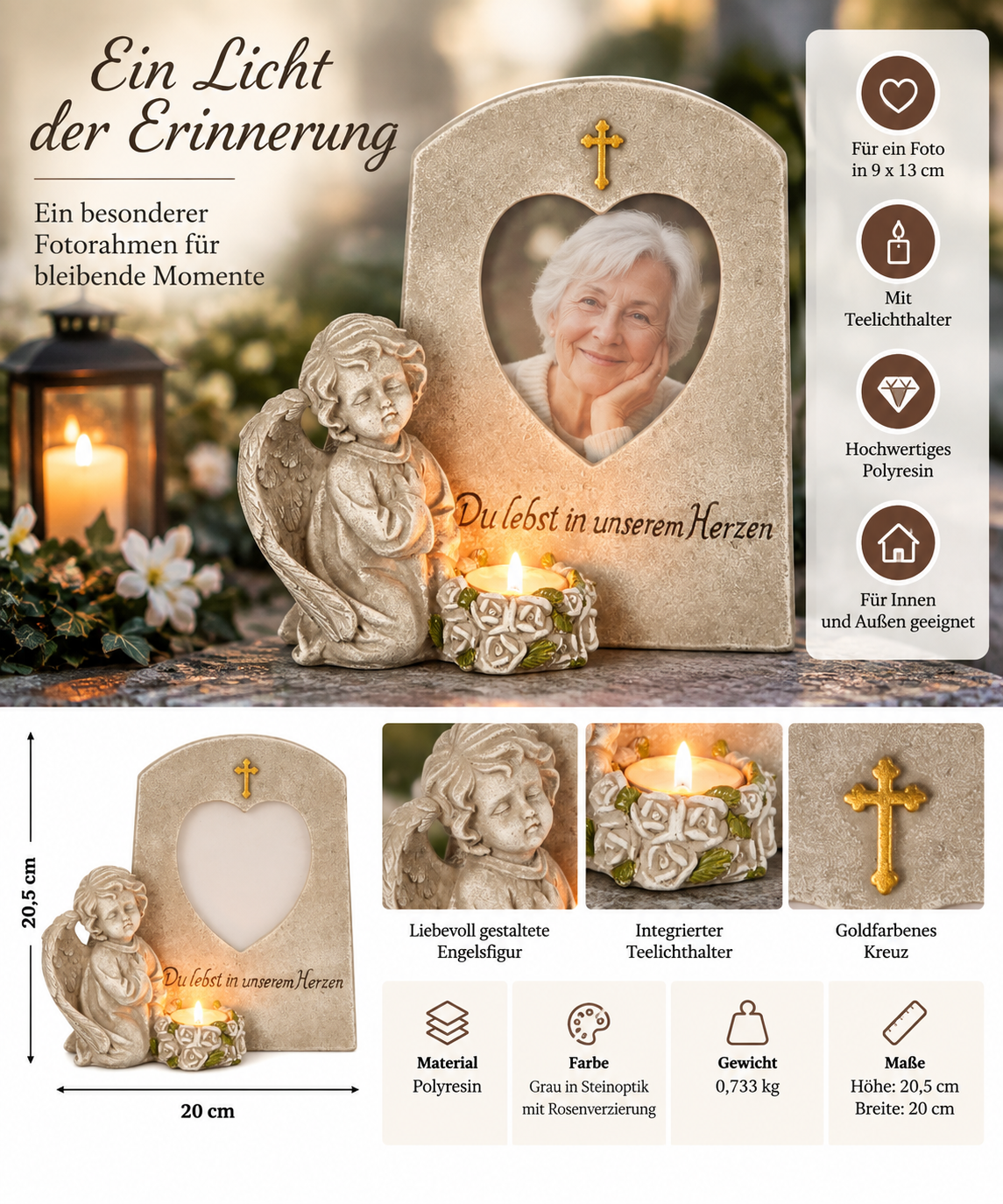 Gedenkfigur Erinnerungslicht Engel mit Fotorahmen und Teelichthalter 20,5 cm