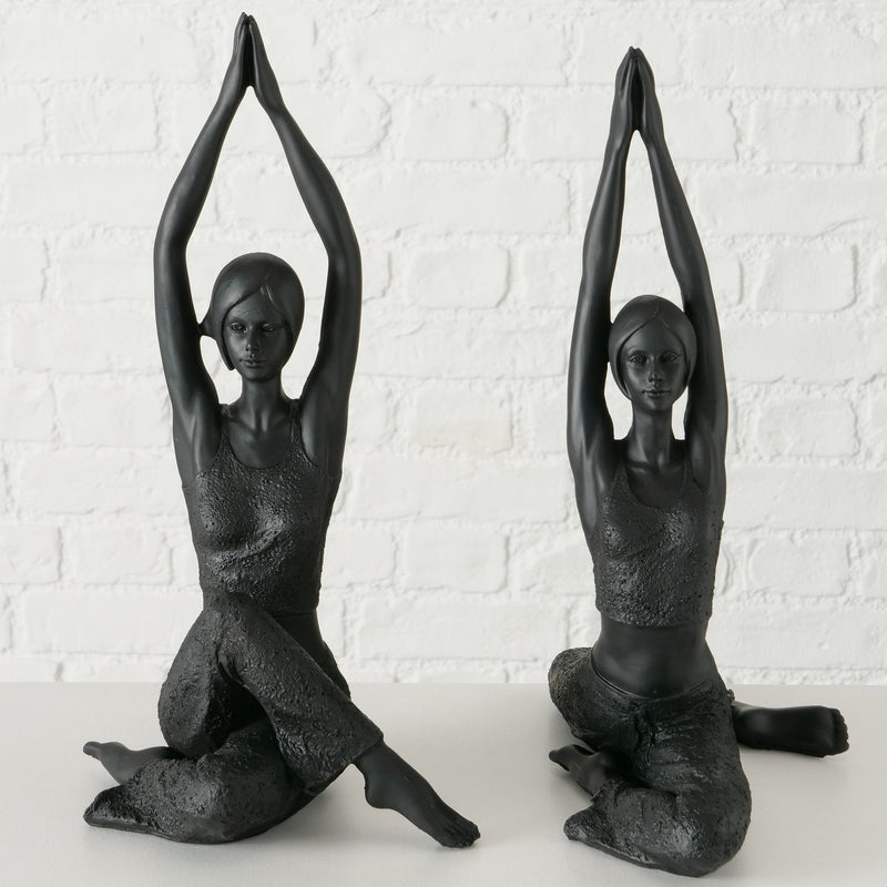 2er Set Yoga Meditation Figuren 'Asana' - Elegante Schwarze Kunstharz Skulpturen, Yoga Damen in Sitzposition, 40cm Höhe