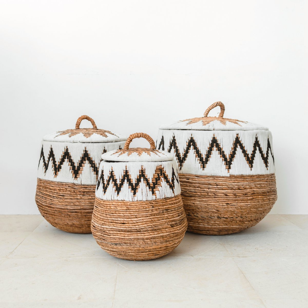 Wäschekorb mit Deckel – Boho-Wäschekorb rund – großer Boho-Korb – geflochtener Korb mit Baumwollmuster PALEM (3 Größen Ø33/43/55 cm)