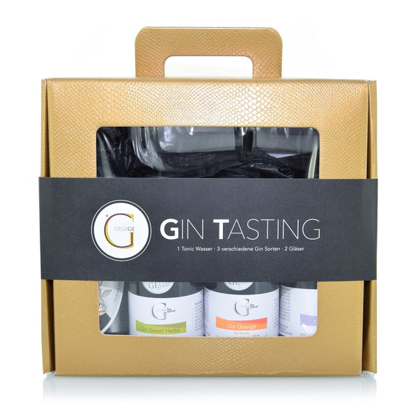 GIN TASTING – Geschenkset: 3 Gins, 1 Tonic & 2 Gin-Gläser im Goldkoffer