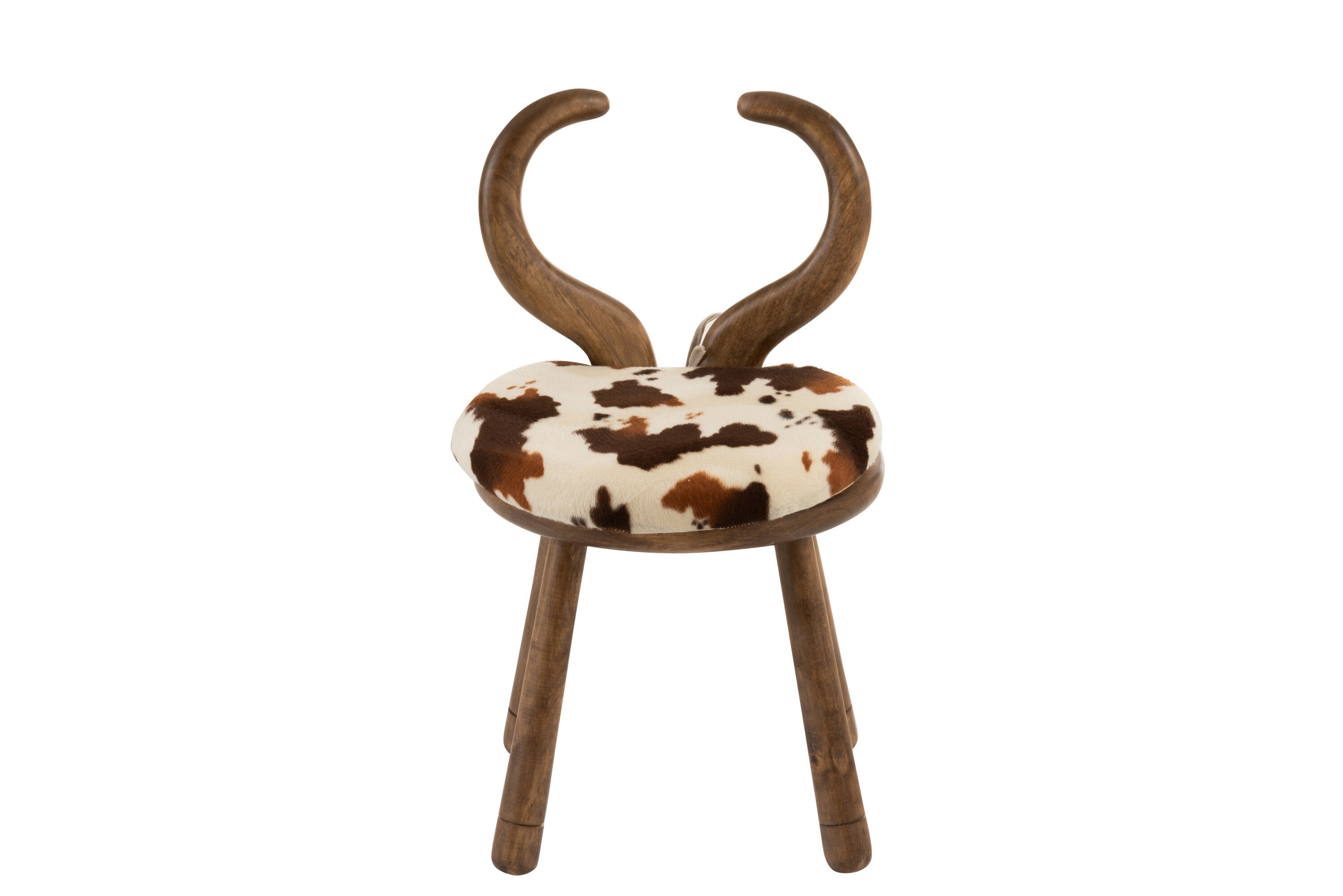 Set van 2 kinderstoelen van koehoorn - bruine massief houten stoelen met bruin crème imitatiebont