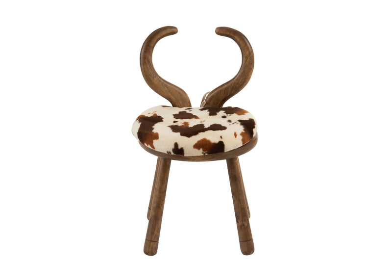 Set of 2 cow horn children's chairs - brown solid wood chairs with brown-cream faux fur