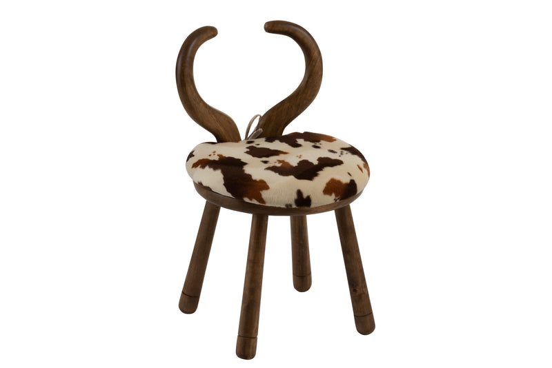 Set of 2 cow horn children's chairs - brown solid wood chairs with brown-cream faux fur