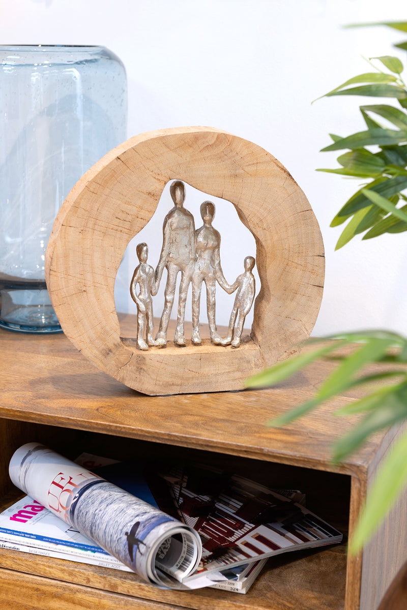 2er Set Figur - Liebevolle Familie aus Mangobaum und Silbernem Aluminium in Natürlichem Design