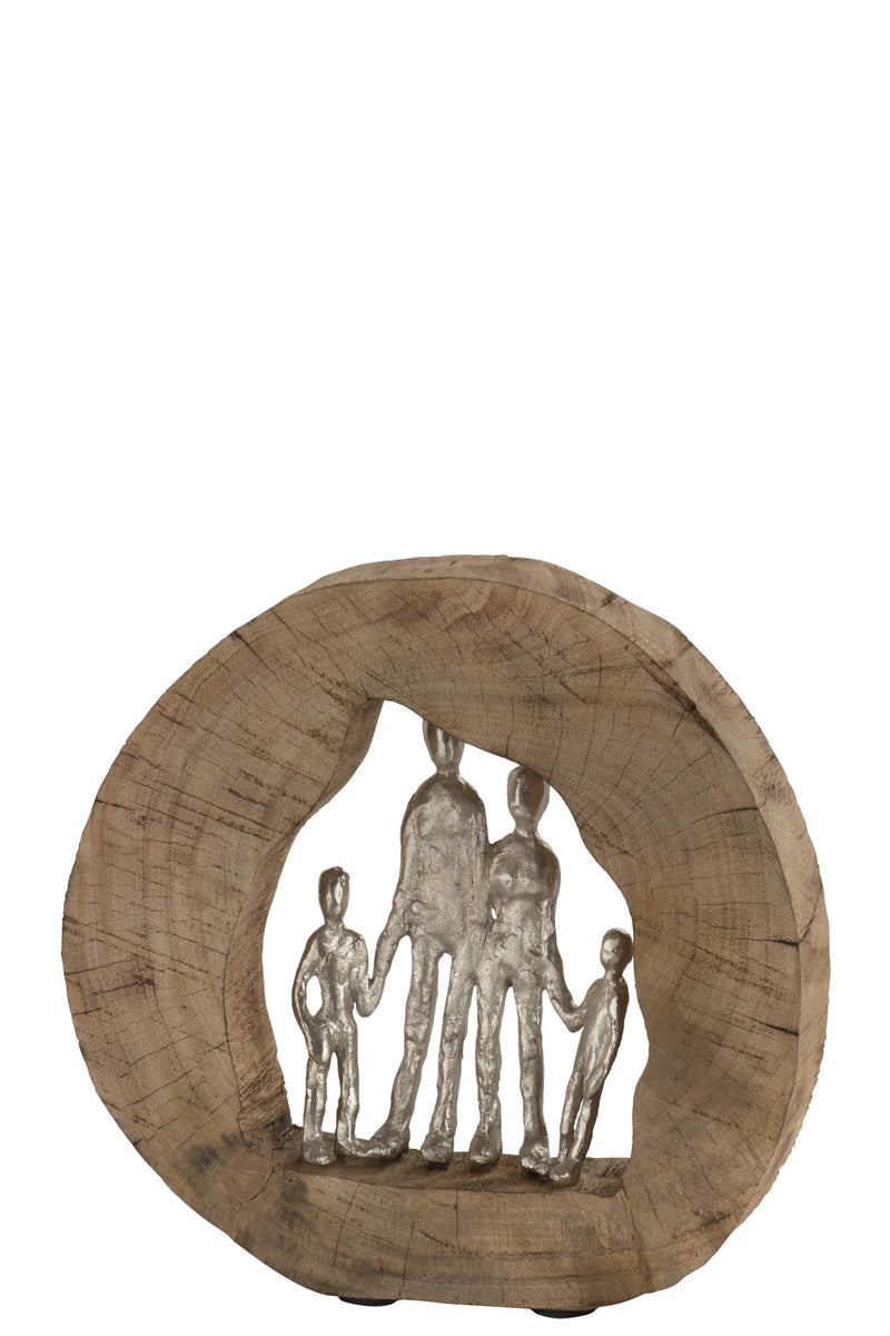 2er Set Figur - Liebevolle Familie aus Mangobaum und Silbernem Aluminium in Natürlichem Design