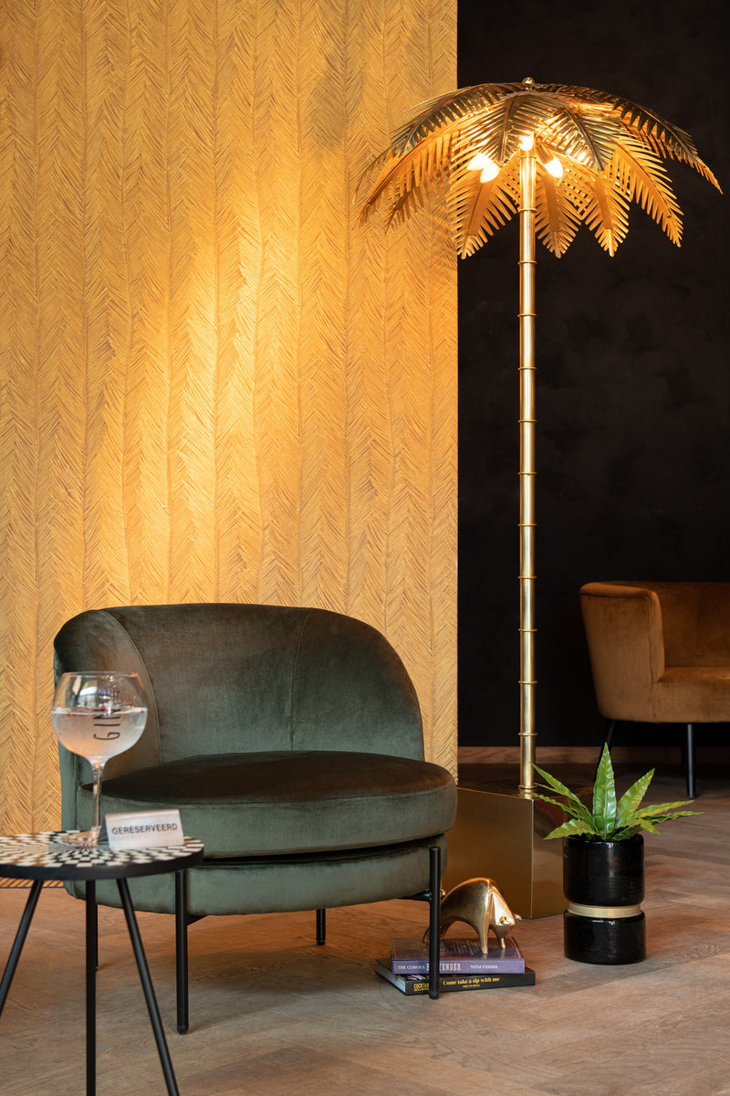Prachtige gouden vloerlamp van kokosbladeren en staal - tropische flair voor het moderne leven