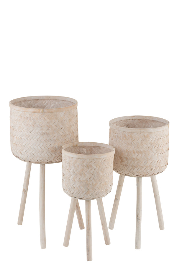Set van 3 driepotige bloempotten - Bamboe/kunststof, Natural Wash