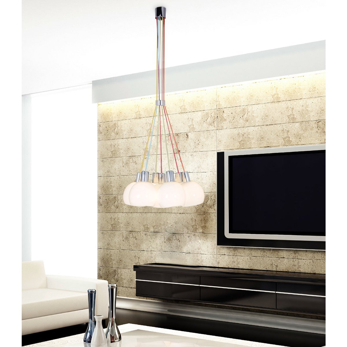 Pendant light "RAINBOW-BOWL" total height 120 cm, 7 glass shades Ø 16 cm, made of chrome-colored metal, opal white glass and colored cables, E14 sockets