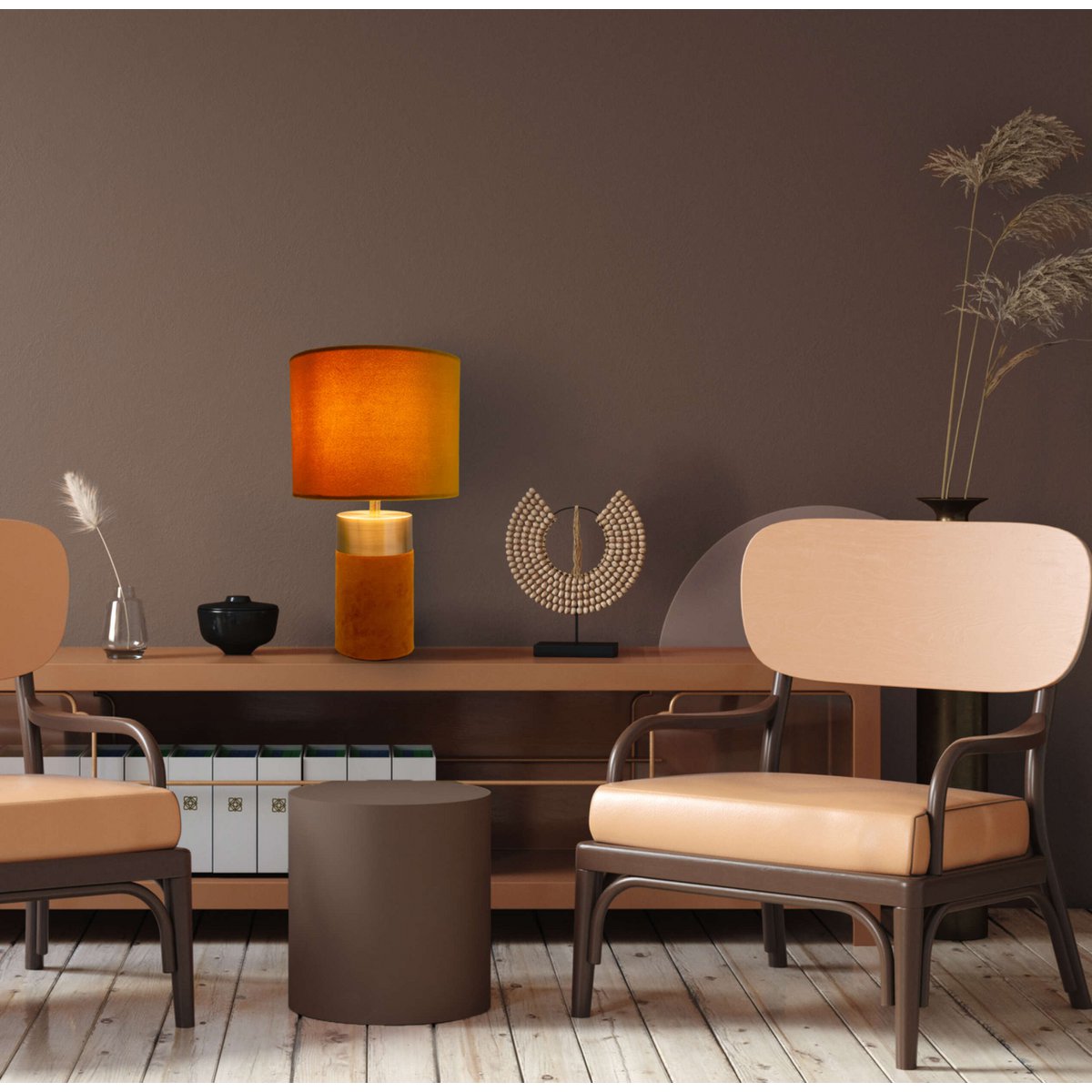 Tischleuchte "BORDO" 32cm hoch aus Metall und Velours in Gold und Braun, mit E14-Fassung, Lampe für Esszimmer, Wohnzimmer, Diele oder Büro