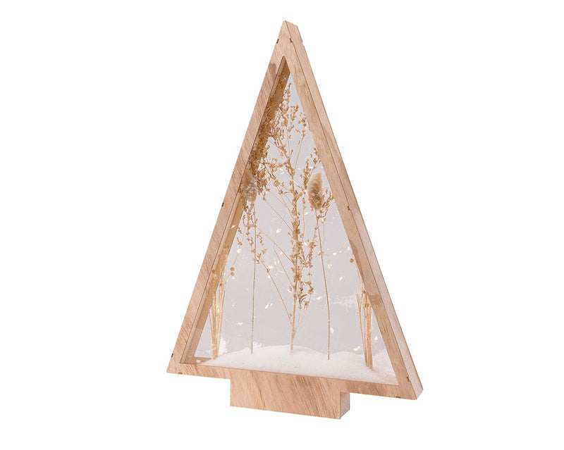 Holz Standrelief mit 50 LED - Handgefertigte Trockenblume/Schnee Baumform, Naturfarben, mit Timer-Funktion | 40x5x58cm