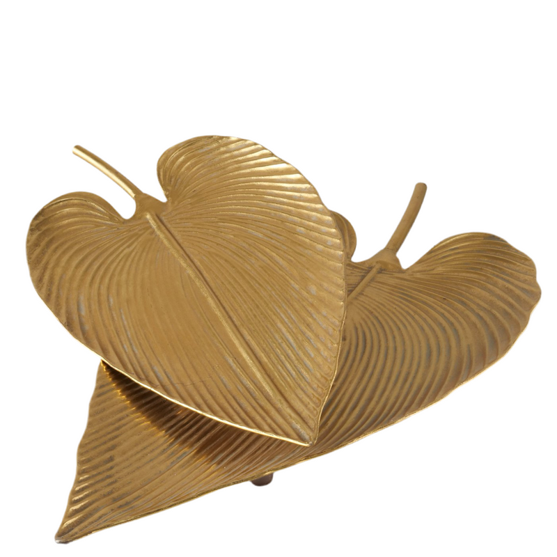 Handgemaakte schalenset Plato in bladvorm, antiek goud metallic, 2-delig 73cm