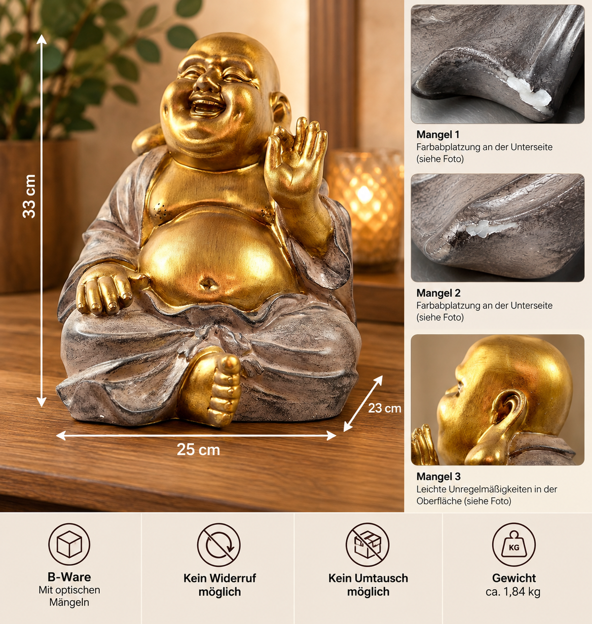 Dekofigur Glücksbuddha Gold Grau 33 cm B-Ware