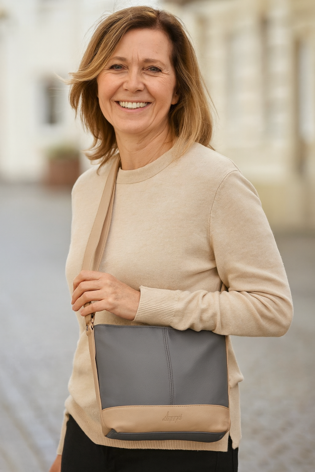 Dariya schoudertas dames PU leer grijs beige alledaags 27cm