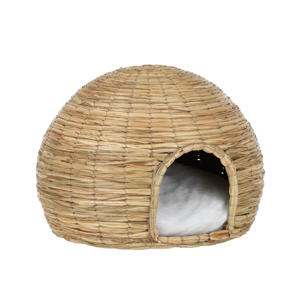 Natural jute cat basket with cushion – round cat house in brown