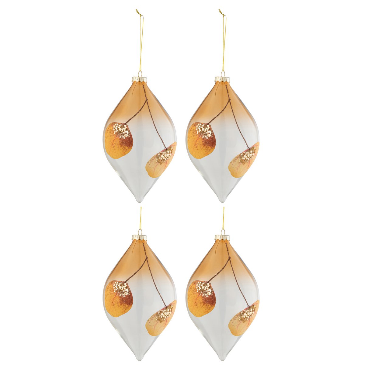 J-Line Box mit 4 Weihnachtskugeln, tropfengetrocknetes Blatt, Ocker + Glitzerglas, transparent