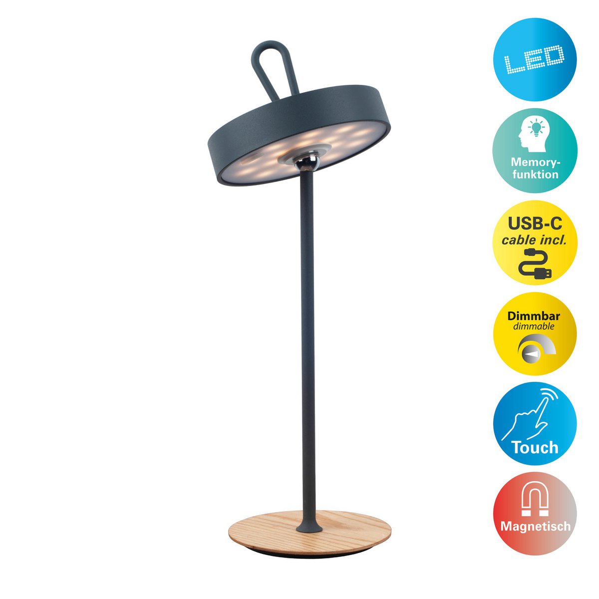 LED-Akku-Tischleuchte magnetisch für Außen und Innen, aus Metall und Kunststoff in Grau , 36 cm hoch