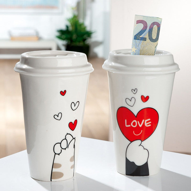 Set of 2 porcelain money boxes coffee mugs Cat Love