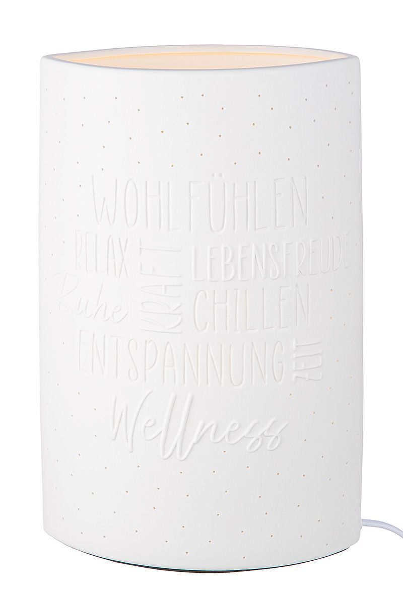 Porzellan Lampe "Achtsamkeit", Ellipsenform, Weiß, mit Inspirierenden Botschaften