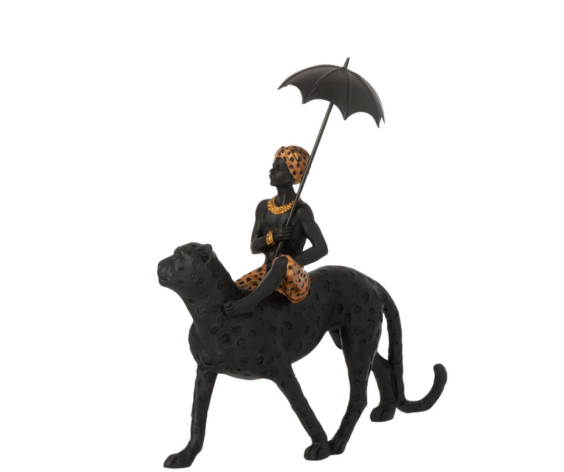 Decorative sculpture 'Leopard with cub and umbrella' in black and brown – 35 cm high