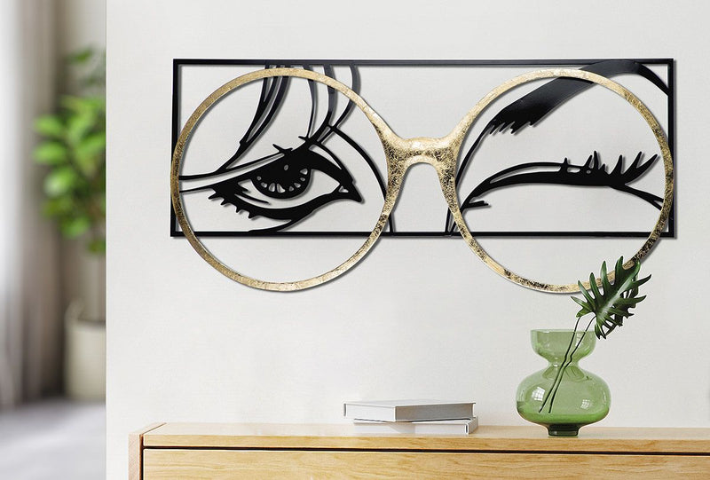Metall Wandrelief "Twinkle" - Elegantes Wanddekor in Schwarz mit Goldfarbener Brille, 42.5cm x 90cm