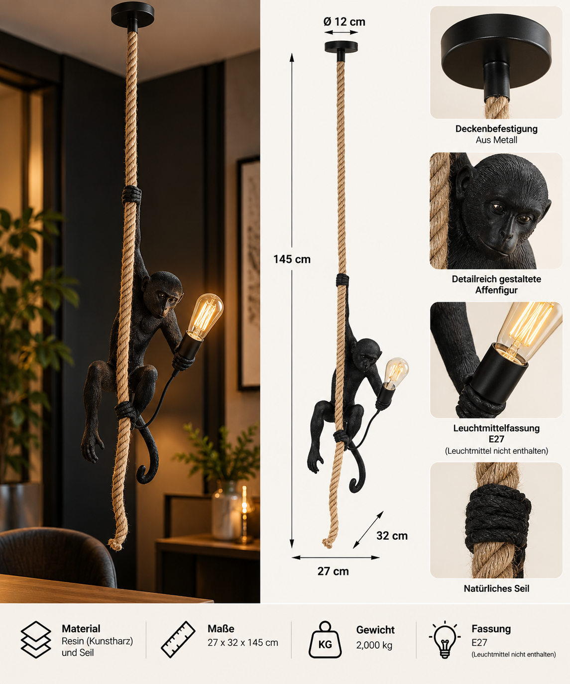 Pendelleuchte Monkey Schwarz mit Affenfigur und Seil 145 cm