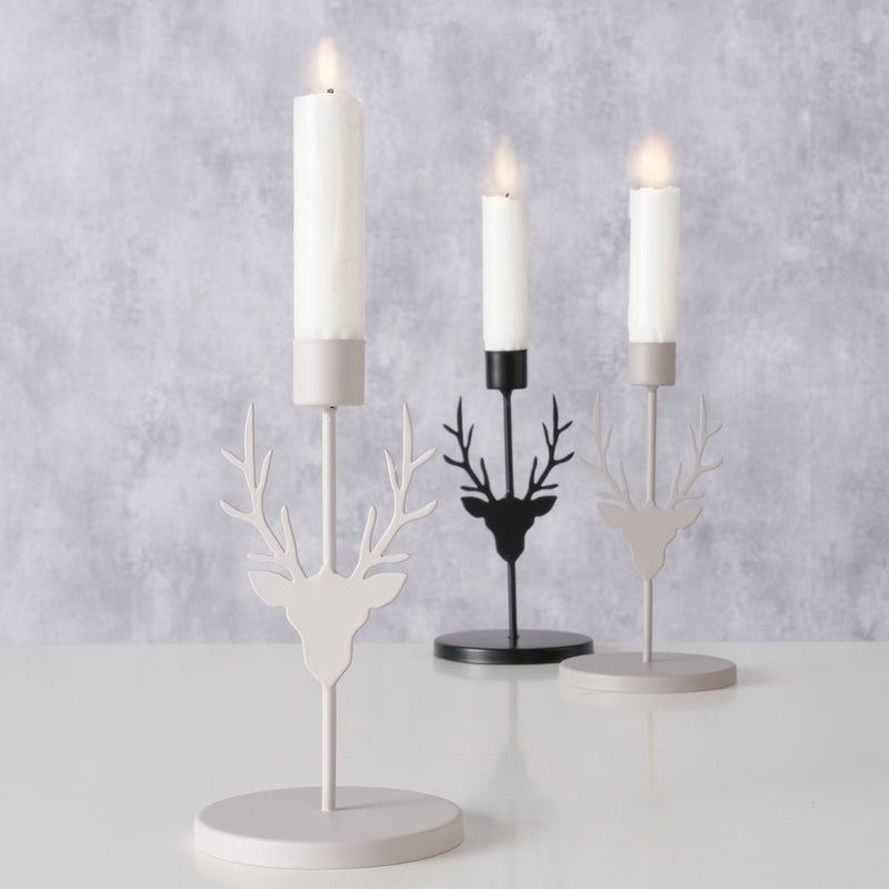 Set van 3 metalen hertenkandelaars - grijs en zwart, 16 cm