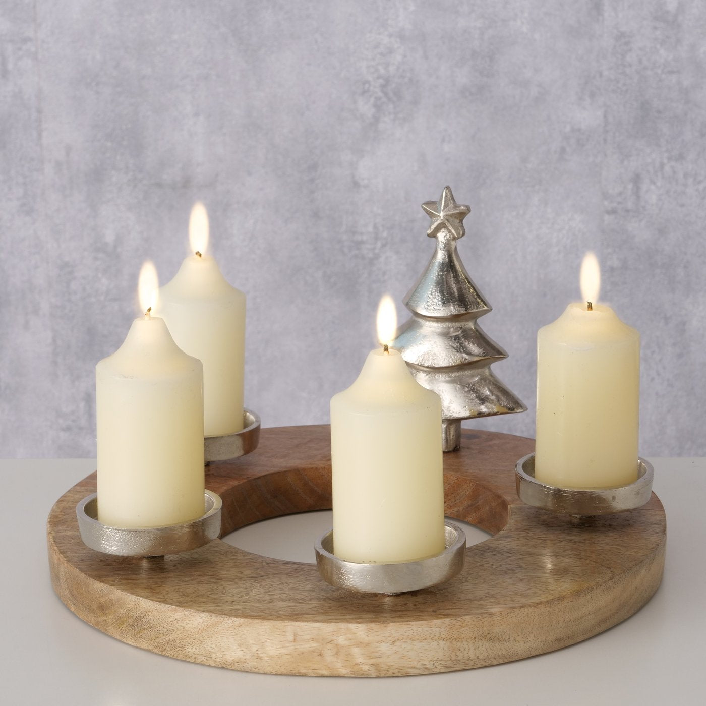 Teelichthalter Sorrest Holz Metall Adventskranz Rund Silber Natur