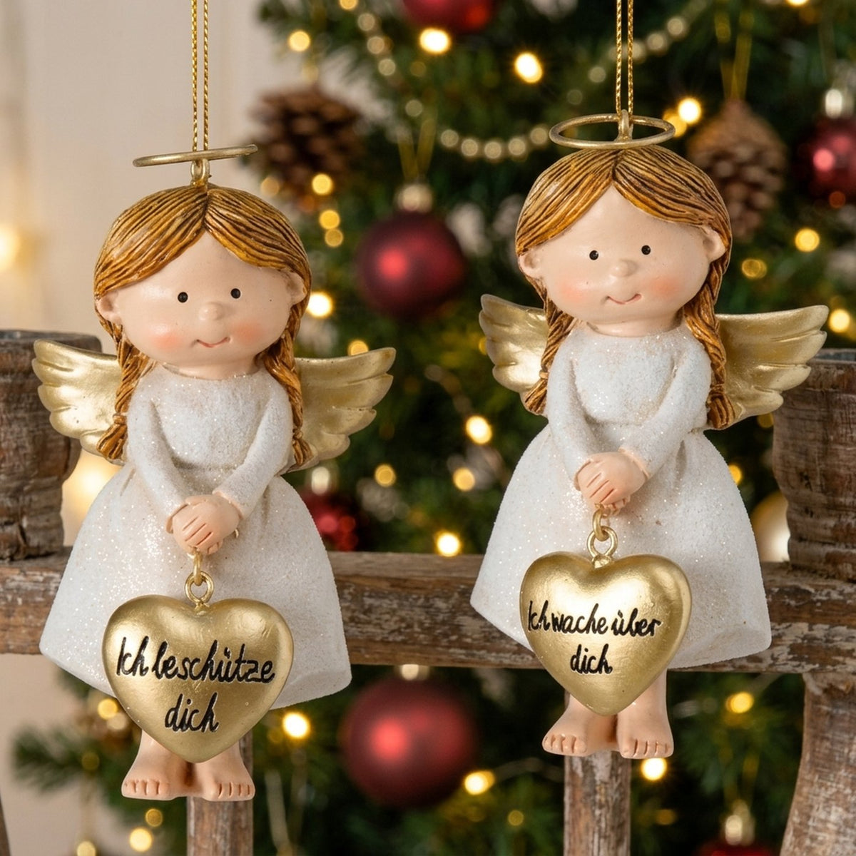 Weihnachtsanhänger Schutzengel Harriet mit Herz 2er Set gold weiß 9 cm
