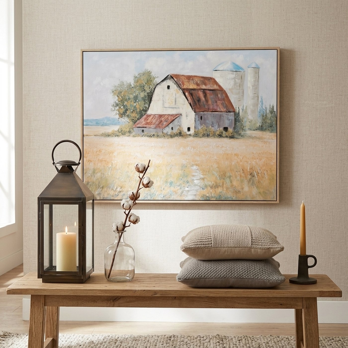 Leinwandbild Landhausblick mit Rahmen 80 x 60 cm Handgemalt