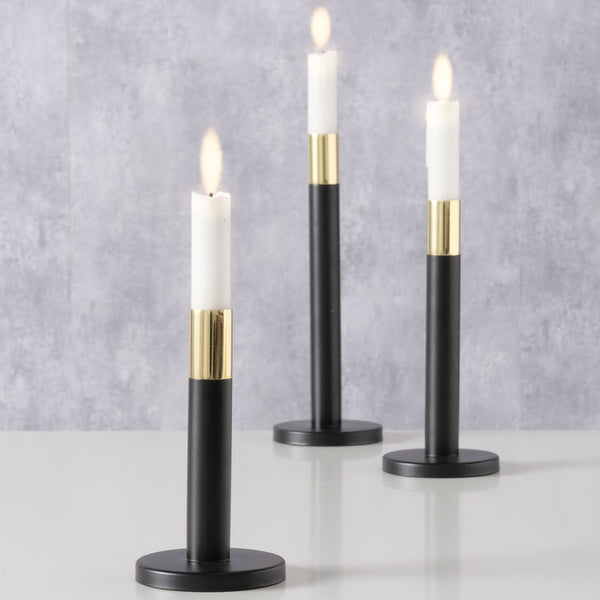 Mats kandelaars in een set van drie, handgemaakt in zwart en goud, 24,8 cm hoog