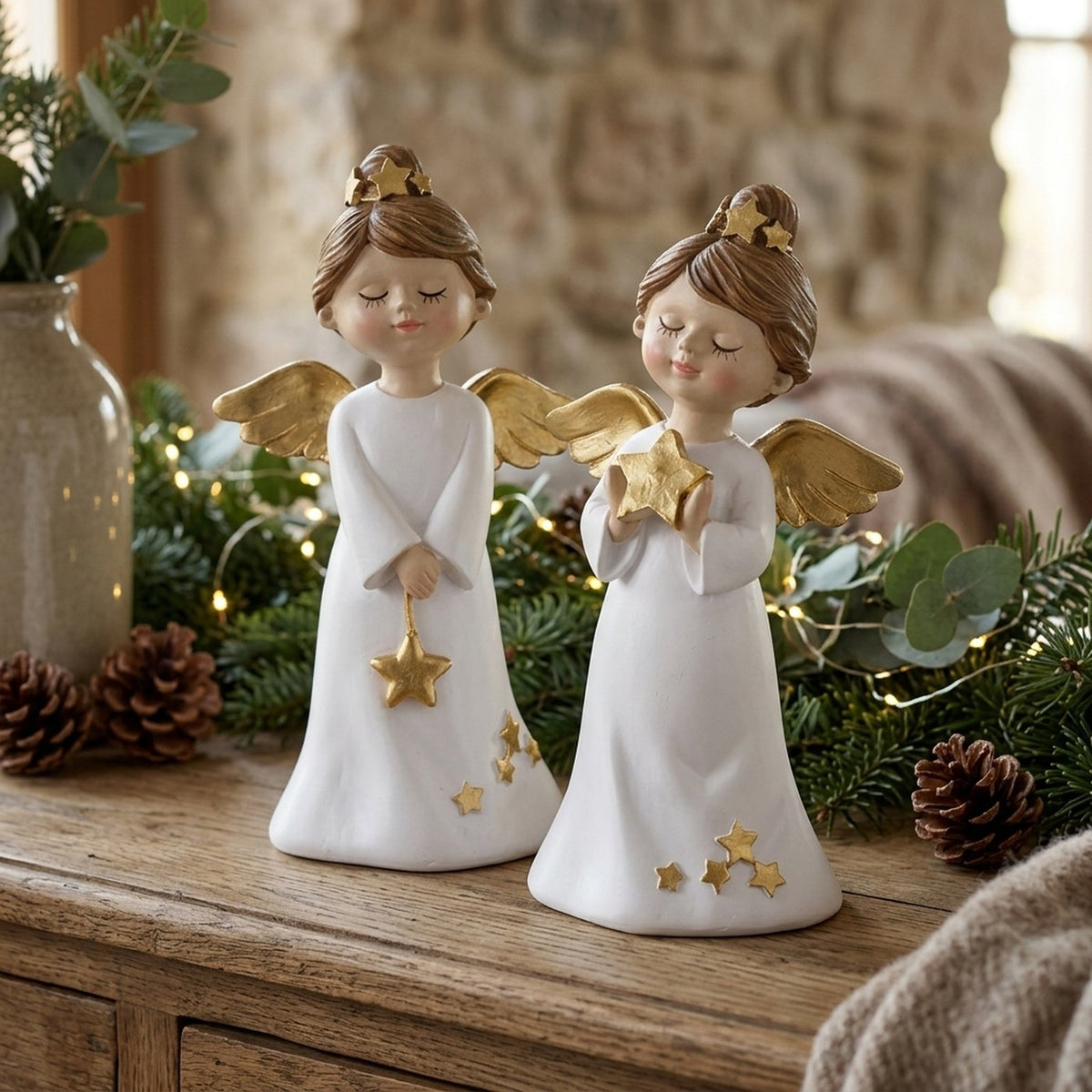 Deko Engel Emiliana Weiß Gold 2er Set 21 cm