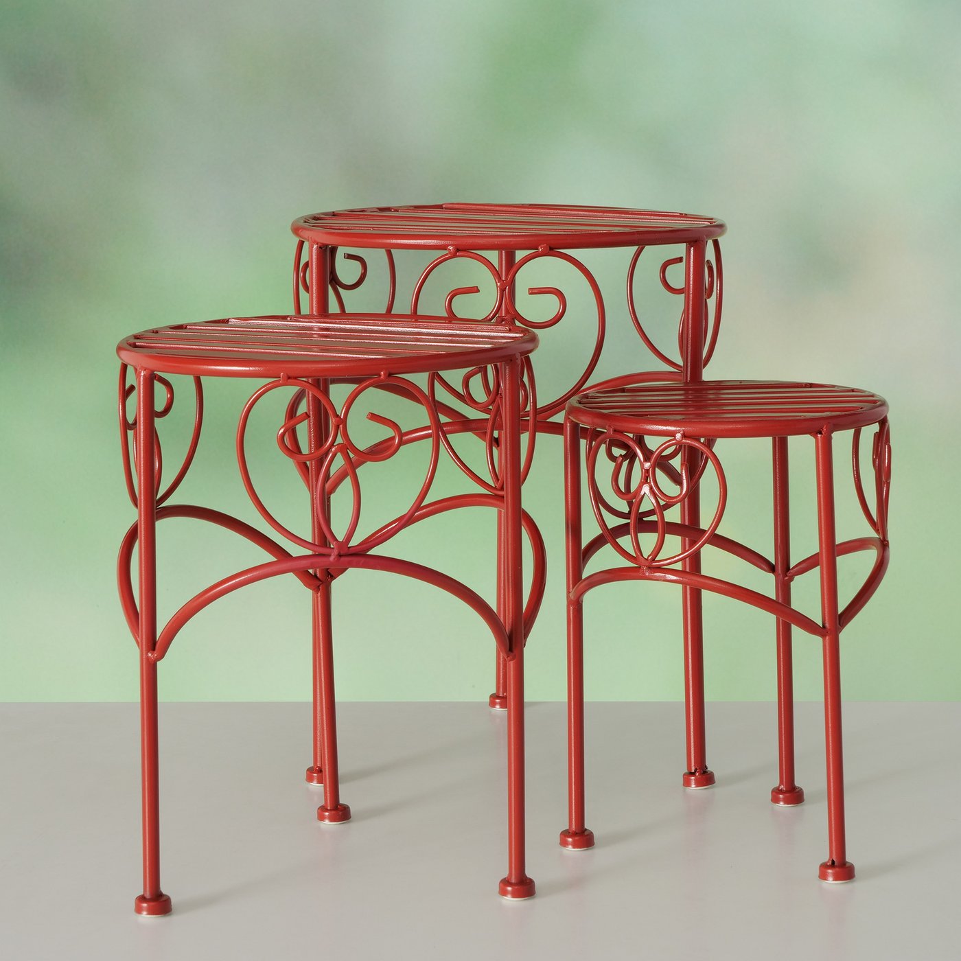Side table set Jasmin 3-piece metal red matt – decorative garden tables in a romantic design