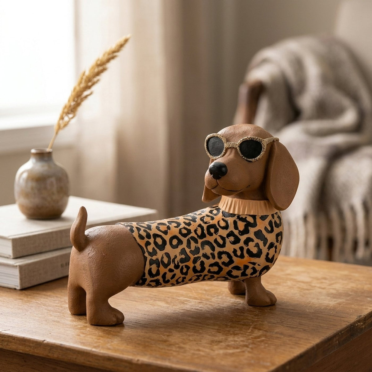 Dekofigur Dackel Bruno mit Leopardenmuster braun 25 cm