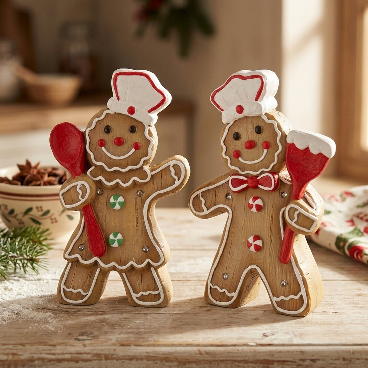 LED Weihnachtsfiguren Lebkuchenbäcker Nelly 2er Set Braun Rot 34 cm