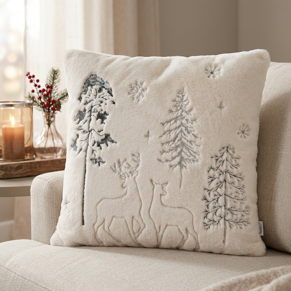 Dekokissen Winterwald Cremeweiß mit Hirschmotiv 45 x 45 cm