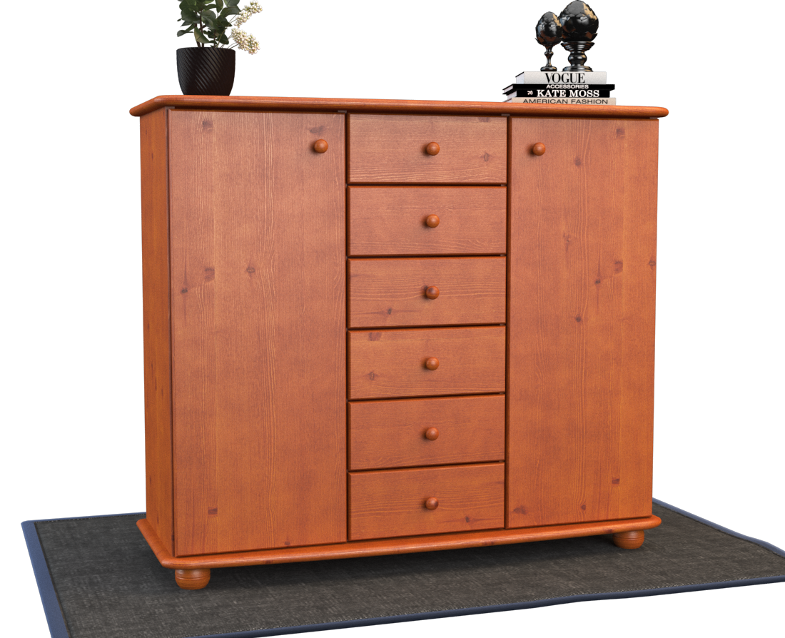 Anika Kommode Sideboard | Anrichte | 2-Türig | 6-Schubladen | 100% Bio Kiefer Massivholz