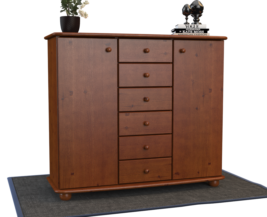 Anika Kommode Sideboard | Anrichte | 2-Türig | 6-Schubladen | 100% Bio Kiefer Massivholz