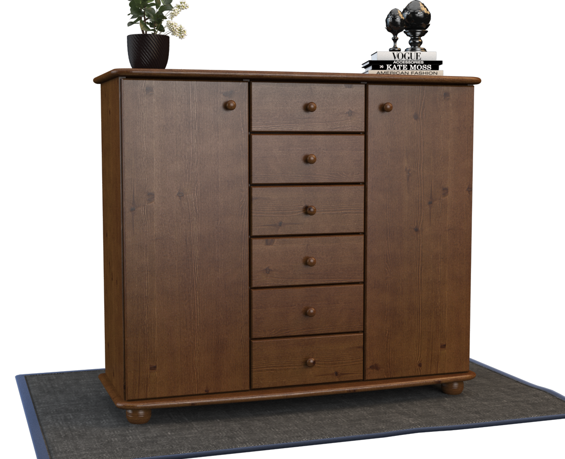 Anika Kommode Sideboard | Anrichte | 2-Türig | 6-Schubladen | 100% Bio Kiefer Massivholz