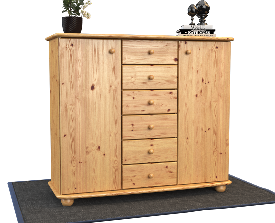 Anika Kommode Sideboard | Anrichte | 2-Türig | 6-Schubladen | 100% Bio Kiefer Massivholz
