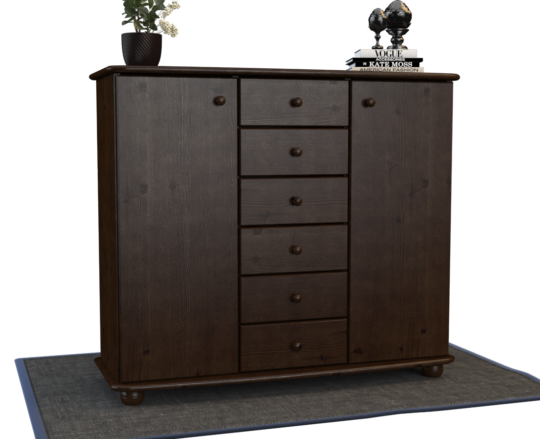 Anika Kommode Sideboard | Anrichte | 2-Türig | 6-Schubladen | 100% Bio Kiefer Massivholz