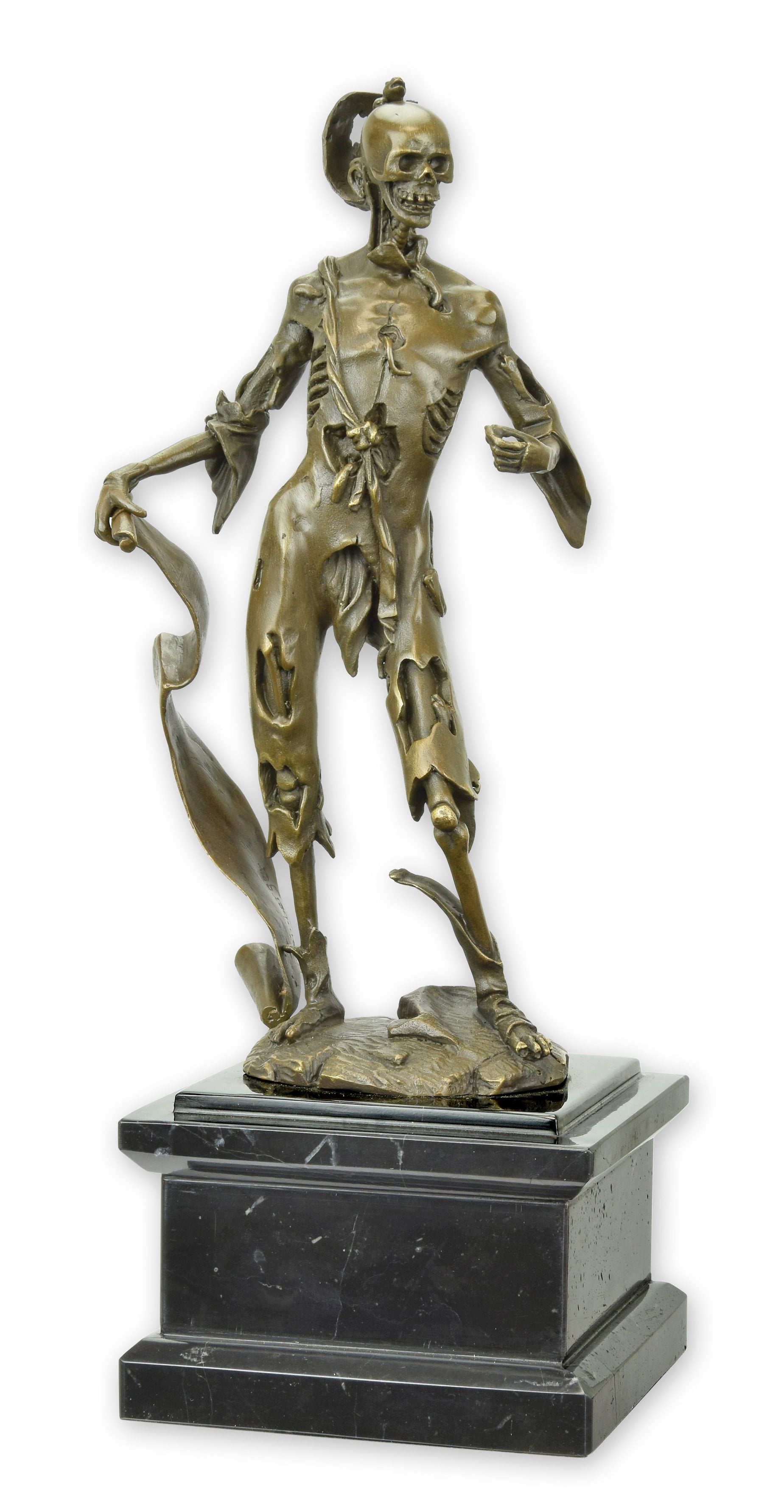 Dekofigur Memento Vitae Bronze Vanitas Motiv mit Marmorsockel