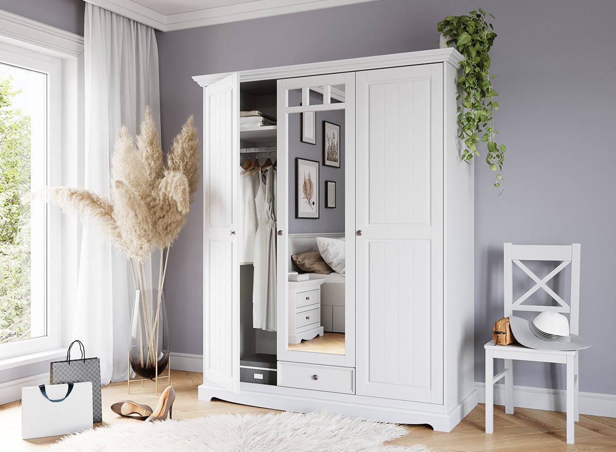 Bologna Elegante Massivholz Kiefer Kleiderschrank Spiegelschrank 3D | Farbe weiß