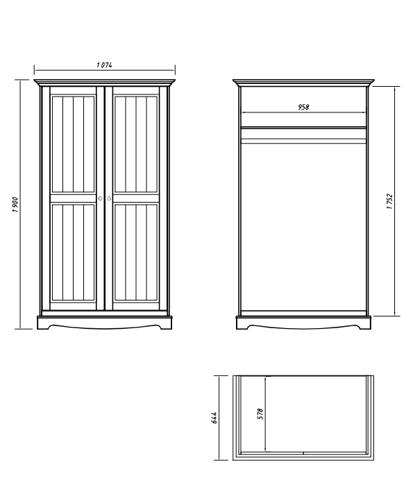 Bologna Elegante Massivholz Kiefer Kleiderschrank 2D | Farbe Weiß - Eiche