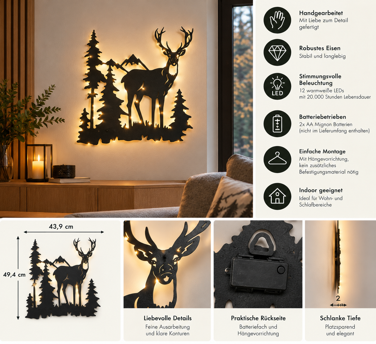 LED Wanddeko Cervus Hirsch Schwarz mit Beleuchtung 49,4 cm