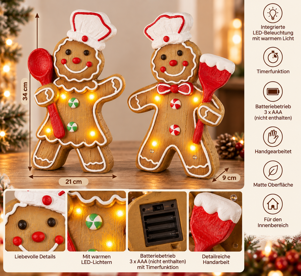 LED Weihnachtsfiguren Lebkuchenbäcker Nelly 2er Set Braun Rot 34 cm