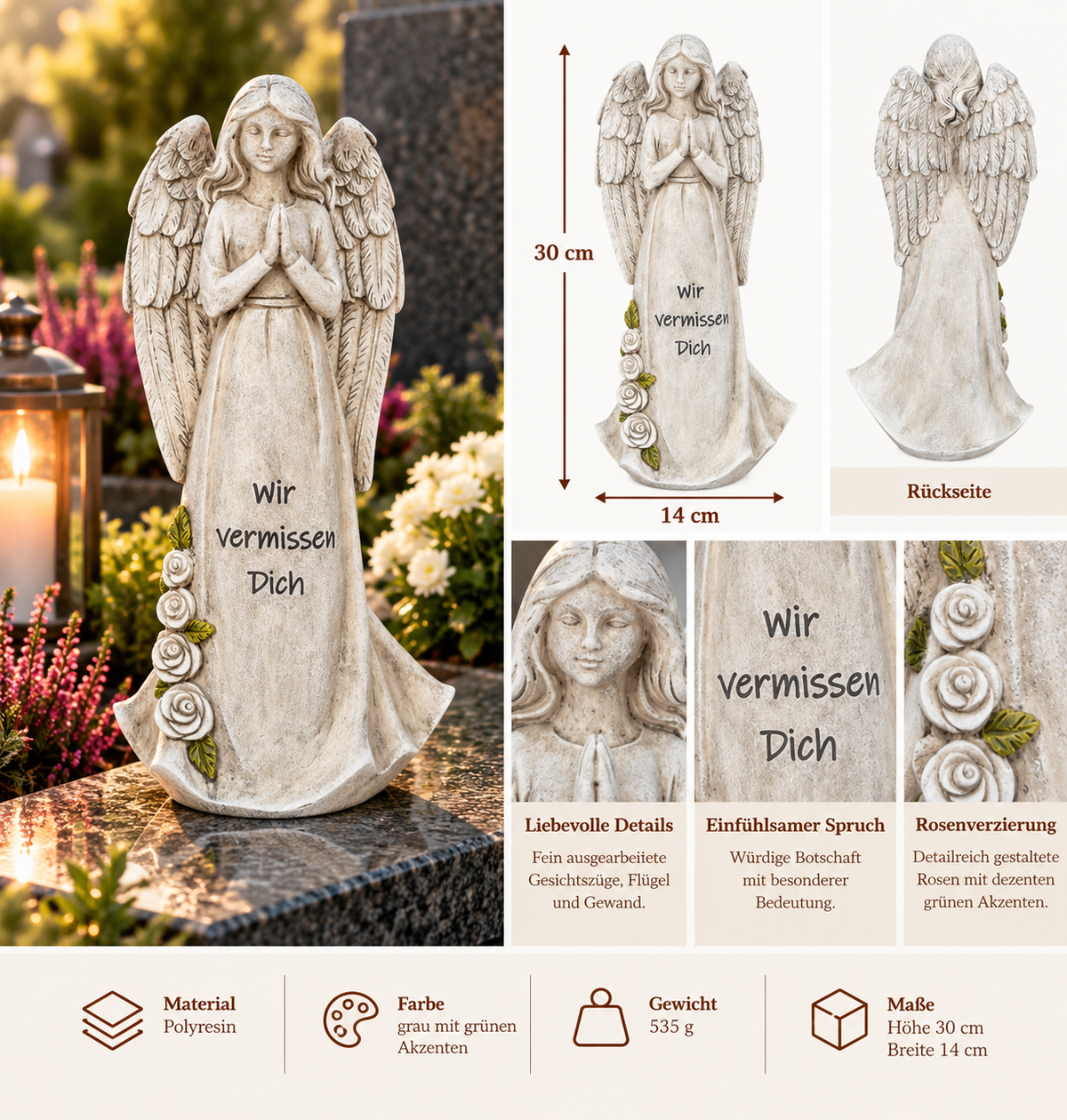 Grave angel with picture frame and tea light holder, heart-shaped, 20.5 x 20 cm, grey with gold cross, memorial figure with inscription