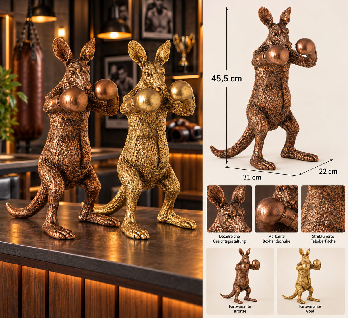 Dekofigur Känguru Boxer Bronze oder Gold 45,5 cm