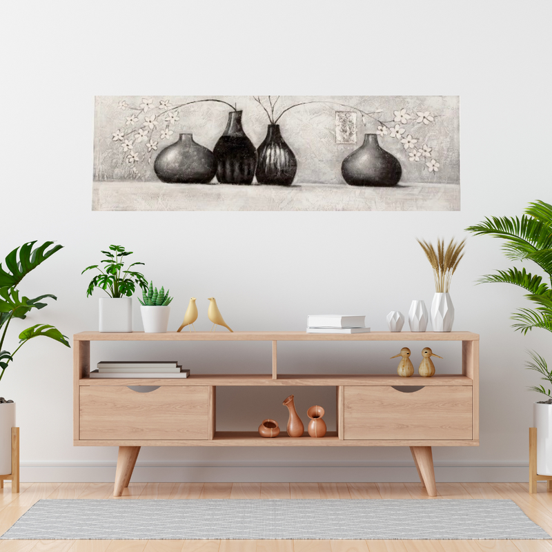Handbemaltes Wandbild - Graue Vase in Silbertönen - 120x40x3cm aus Holz/Leinwand